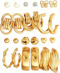 12 Pairs Chunky Gold Hoop Earrings for Women Trendy, Gold Plated Lightweight Hypoallergenic Stack, Thick Open Twisted Huggie Hoops Earring Set