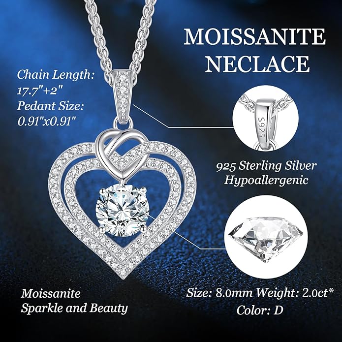 OOBEE Valentines Day Gift Moissanite Heart Necklaces for Women, 1- 4 Carat Moissanite 925 Sterling Silver 14K Gold Plated Pendant Necklace, Ideal Anniversary Birthday Christmas Mothers Day Jewelry Gifts for Mom Wife Her Girlfriend Daughter