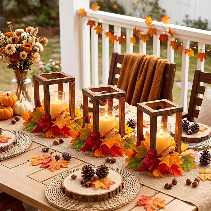 18 Pcs Wooden Lantern Centerpieces, Fall Table Decor | Maple Leaves Candles - Image 7