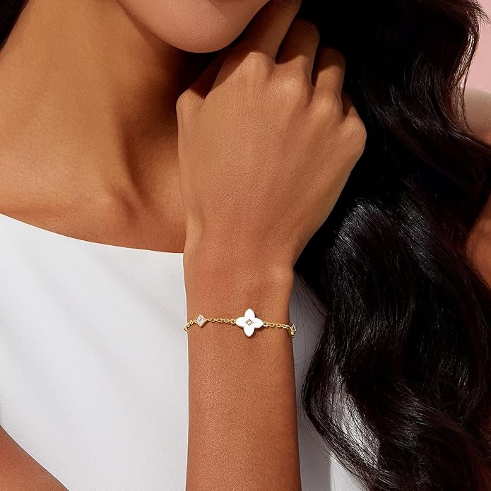 Cicy Bell Womens 18k Gold Plated White Shell Cubic Zirconia Square Cross Adjustable Chain Link Bracelets 6.69" with 2" Extender
