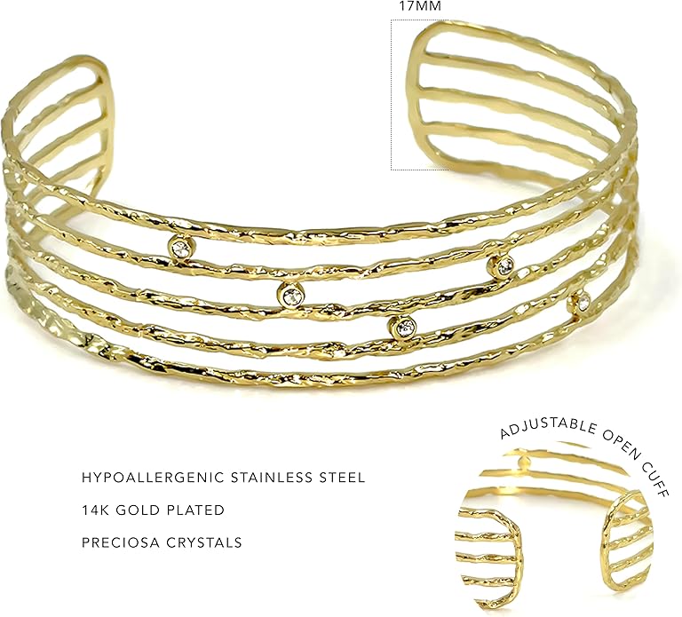 14K Gold Plated Textured Cuff Bracelet for Women - Modern Multi-Band Stainless Steel with Preciosa Crystals