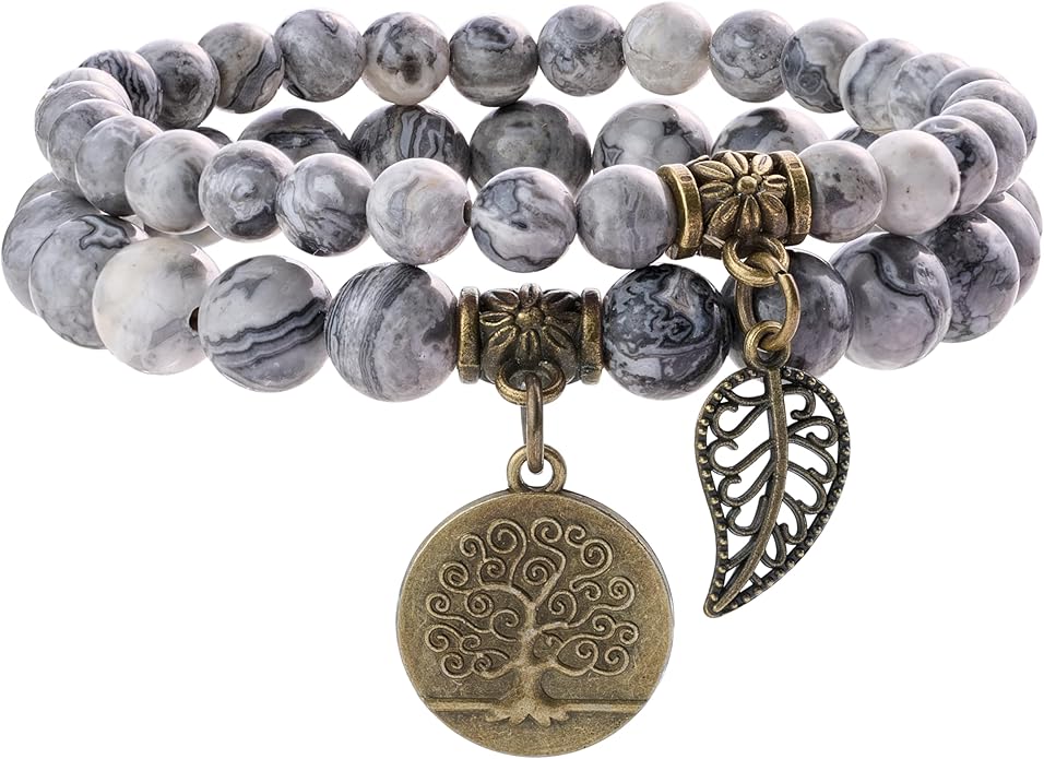 Bivei Natural Semi Precious Gemstone beads bracelet for women - Life Tree and Leaf Charm Energy Reiki Crystal Stretch Bracelets