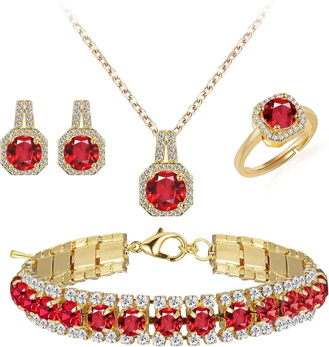 4pcs Cubic Zirconia Wedding Jewelry Sets for Bride Bridesmaid Cubic Zirconia Pendant Necklace Earrings Link Tennis Bracelet Open Ring Set for Women