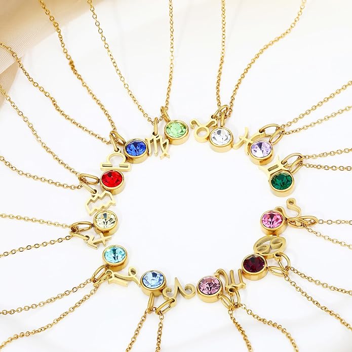 MISS RIGHT Initial Birthstone Necklace for Women - Personalized Gifts Birthday Gifts for Women Stainless Steel 18K Gold Plated Dainty Gold Zodiac Sign 12 Constellation Horoscope Necklace Jewelry