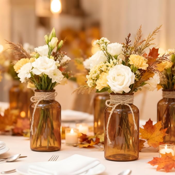 6 Pack Mason Jar Vases for Centerpieces, Amber Glass Flower Vase | Vintage - Image 5