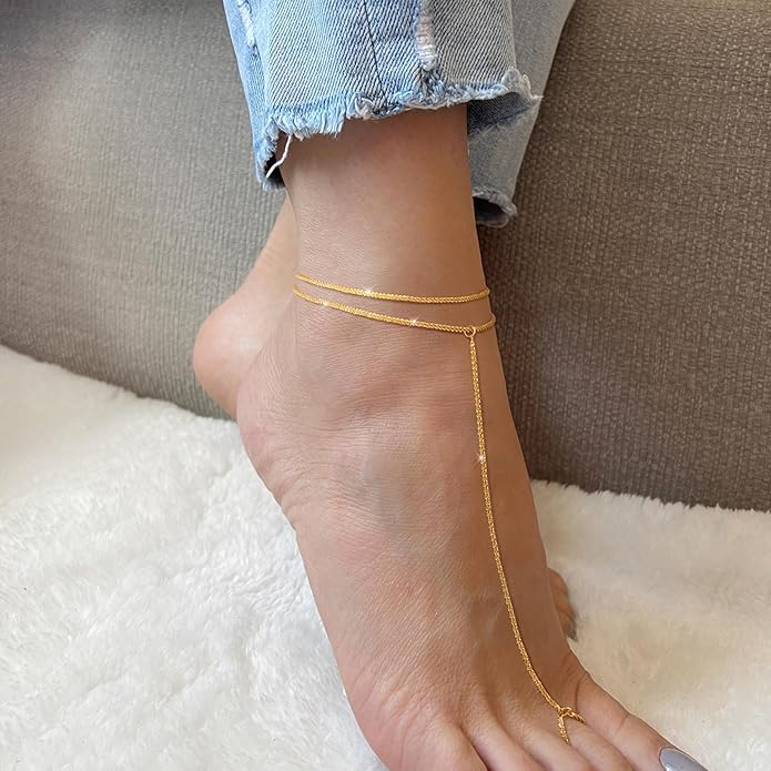 Ankle Bracelets for Women, Glitter Waterproof Adjustable Anklet for Women, 14K Gold Plated/Sterling Silver Layered Anklets, Summer Beach Anklet Jewelry for Women Gift
