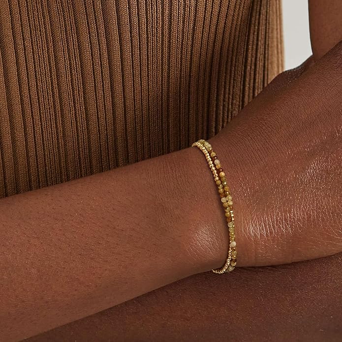 MYEARS Women Beaded Bracelet Gold Double Layer Gemstone 14K Simple Dainty Handmade Chain Everyday Boho Beach Jewelry