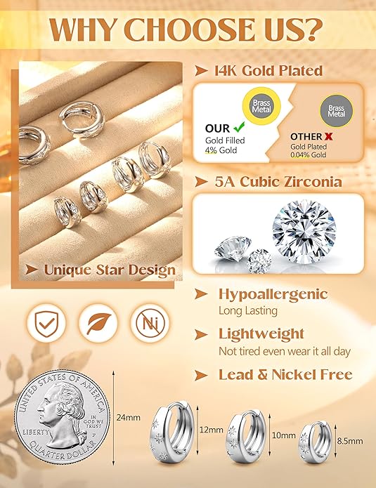 14K Gold Plated Hoop Earrings Set for Women - 3Pairs Chunky 14K Gold Plated Silver Huggie Earrings Small Earrings Lightweight Hypoallergenic MultiColored CZ Hoop Earrings Stacks for Multiple Piercing