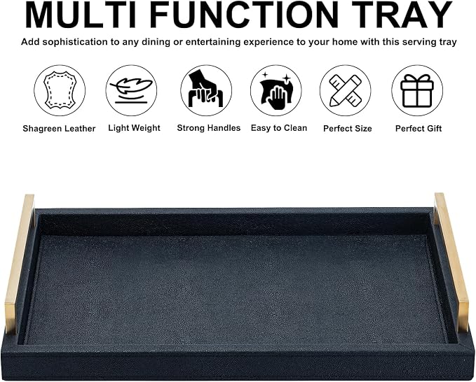 XIGEXIGE Black Faux Leather Serving Tray, 17x12 inches, Brushed Gold Handles - Image 3
