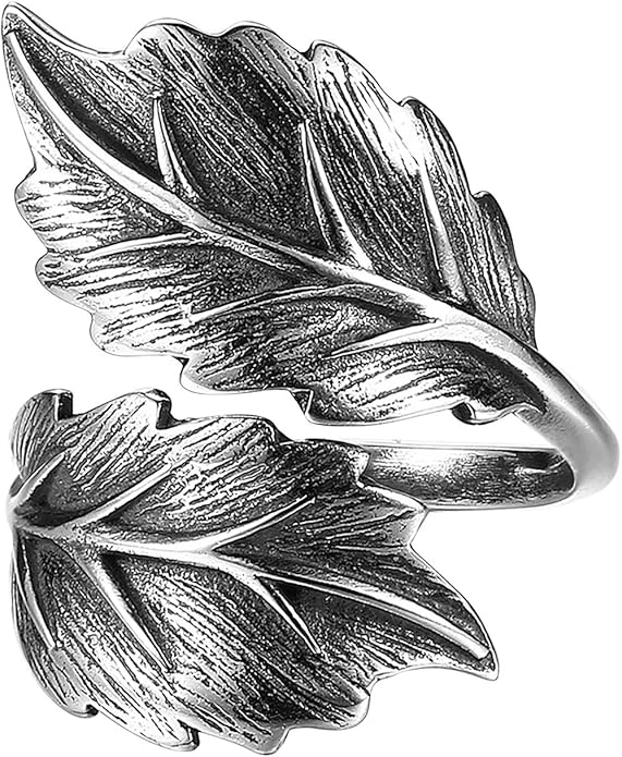 BALMORA Real 925 Sterling Silver Vintage Leaf Rings for Women Men Retro Lotus Feather Flower Adjustable Open Ring Floral Leaves Finger Statement Promise Ring Fashion Jewelry Birthday Gifts for Mom Daughter