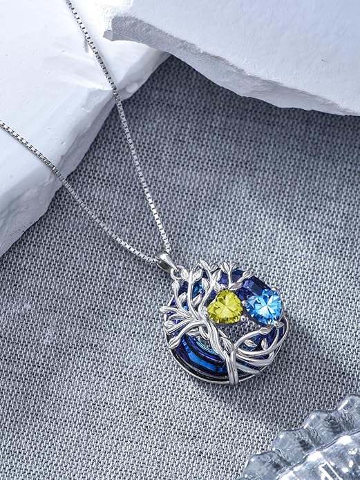 TOUPOP s925 Sterling Silver Family Celtic Tree of Life Pendant Necklaces with 2 Heart Birthstone with Blue Austrian Crystal Jewelry Birthday Valentines Day Gifts for Her, Anniversary Christmas Gifts for Wife Girlfriend Mom (18K Real White Gold Filled)