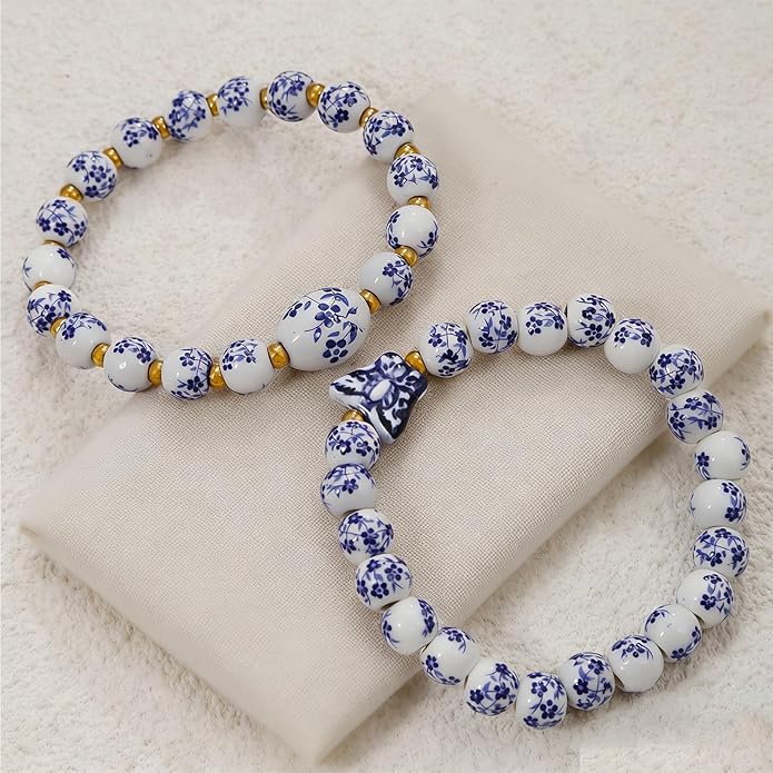 Butterfly Charm Bracelet Set - Blue and White Porcelain Beaded, Adjustable Vintage Stretch Bracelets for Women, Handmade Dainty Jewelry Gift
