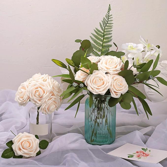 AmyHomie Champagne Rose 25pcs Real Looking Artificial Flowers w/Stem | Bouquet - Image 5