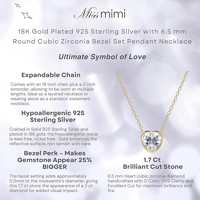 MISS MIMI Solitaire Cubic Zirconia Necklace for Women, 1–3 CT Round,Heart,Princess Cut CZ Options, Bezel or Prong Set in 925 Sterling Silver, Adjustable 16–20" Minimalist Everyday Jewelry