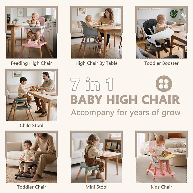 Kinder King 7 in 1 Baby High Chair for Babies and Toddlers with Large Storage Footrest, Booster Seat, Convertible Wooden High Chair with 3-Depth Double Dishwasher Safe Tray, 5 Point Harness, Pink