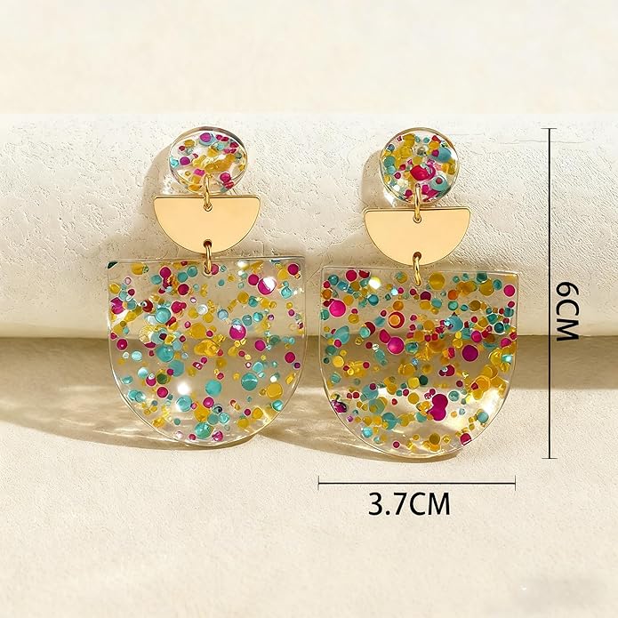 Women's Multicolor Confetti Acrylic Earrings - Boho Geometric Half Moon Dangle Earrings, Funky Neon Sparkly Statement Earrings for Summer Party & Daily Wear