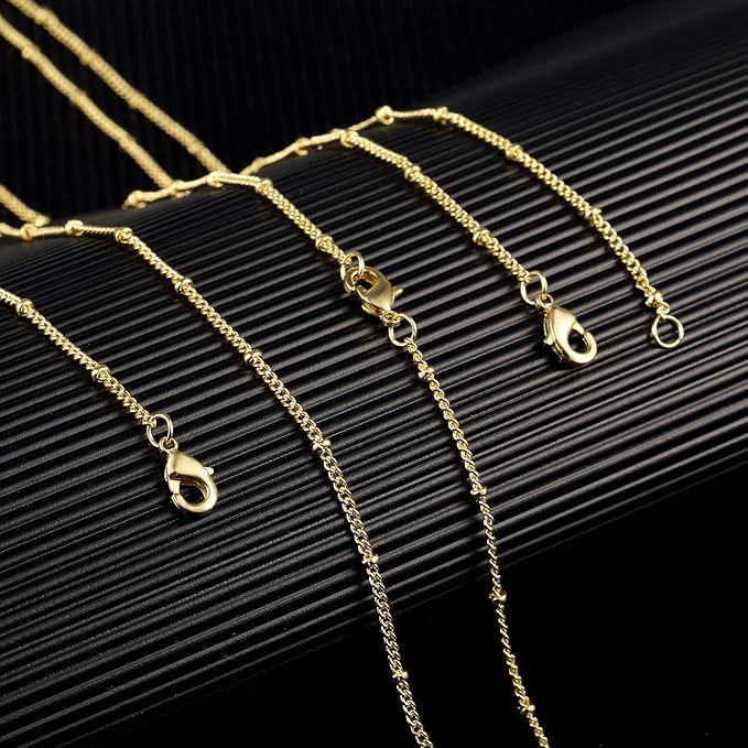 Wholesale 12PCS Gold Plated Solid Brass Satellite Beaded Curb Thin Chain Necklace Bulk for Jewelry Making (26 Inch(1.5mm))