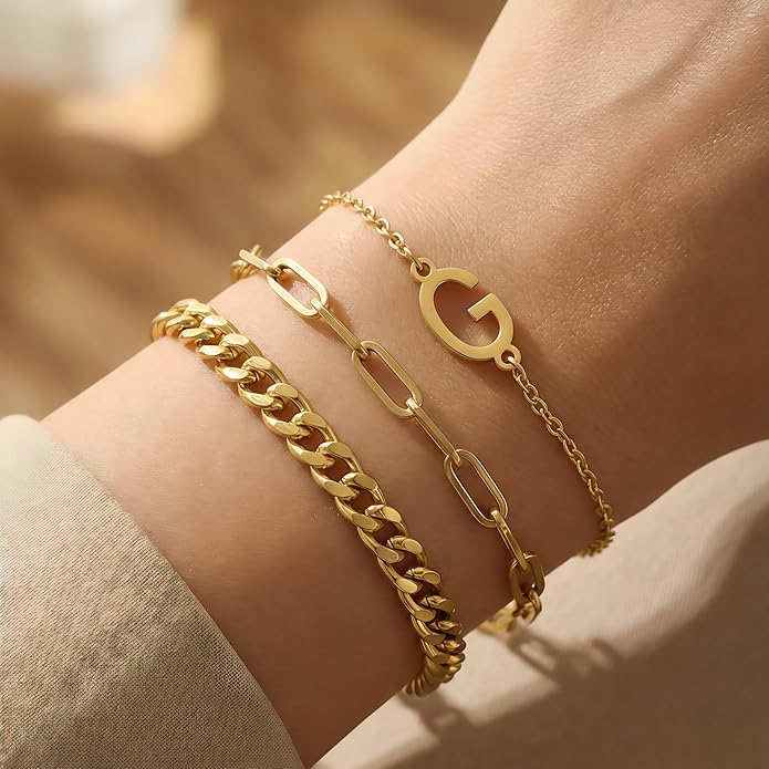 14K Gold Plated Bracelets for Women, A–Z Initial Charm Bangles Jewelry Set, Elegant Gold Accessories, Friendship Bracelet Gifts for Mom