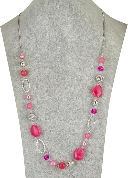BULINLIN Beaded Long Necklace for Women Silver Sweater Chain Necklace with Crystal Resin Beads, Fashion Jewelry Necklace