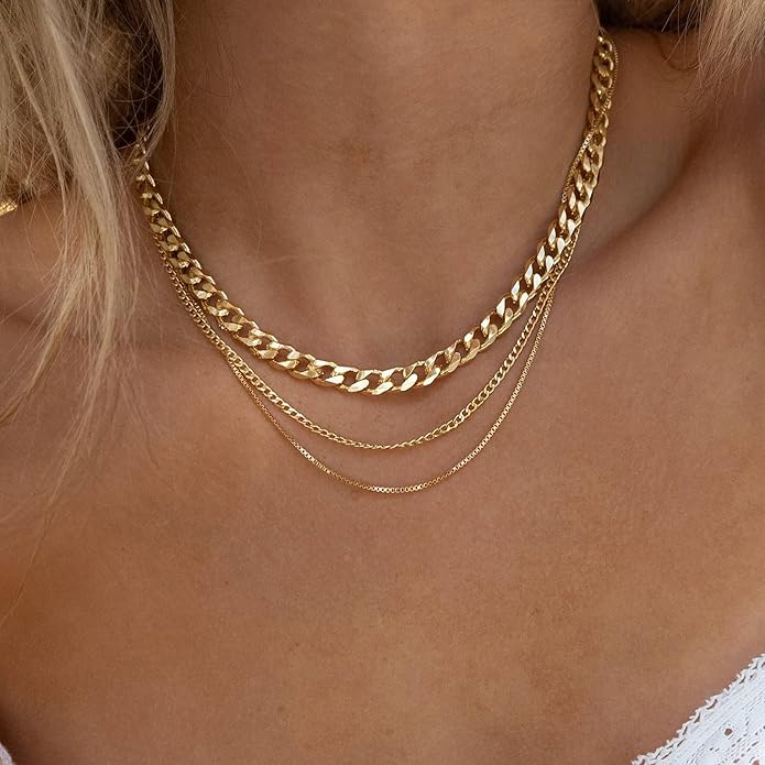 Gold Layered Necklaces for Women, 14K Gold Plated Dainty Gold Chain Choker Necklace Stack, Herringbone Gold Necklaces Set