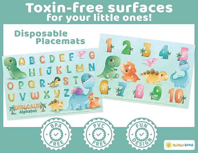 Disposable Placemats for Baby, Toddlers and Kids, 40 Disposable Baby Placemats for Restaurant, Dining Table & Travel, Learning Placemats for Kids, Toddler Travel Essential, Dinosaurs ABC & Numbers
