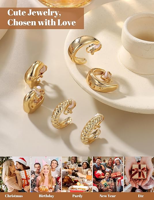 BESTEEL 3Pairs Clip on Earrings for Women Trendy Hypoallergenic 14K Gold Plated Chunky Tube Croissant Waterdrop Clip-on Hoop Earrings Set Fake Jewelry Non Pierced Ears