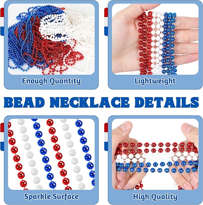 100 PCS 4th of July Beads, 33" Patriotic Beads Necklaces Bulk, Red White Blue Necklace Bulk, Independence Day Party Parade Throw Accessories Set for Memorial Day Fourth of July Party Supplies