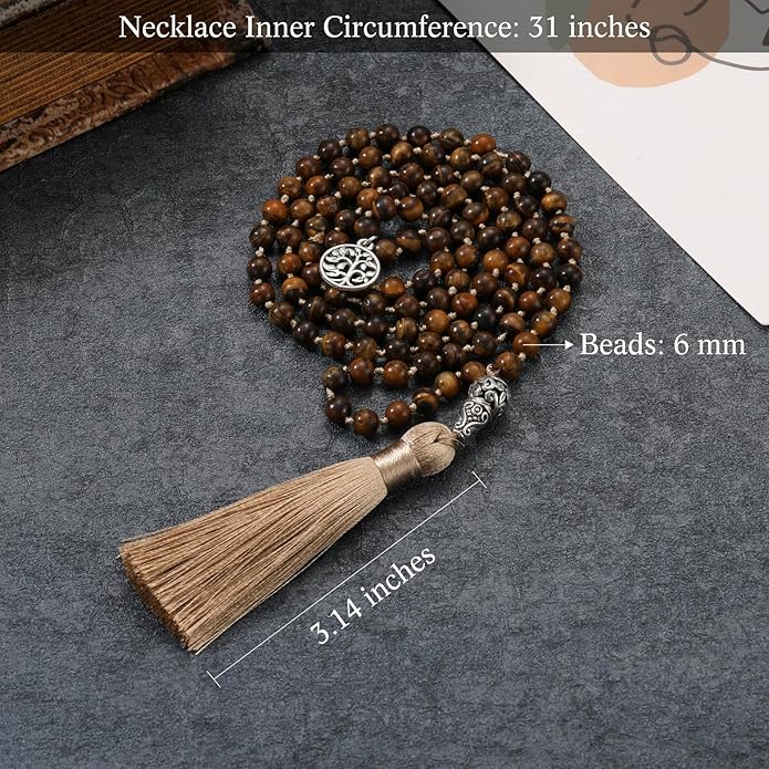 INBLUE 108 Mala Prayer Beads Wrap Necklace with Long Tassel Boho Necklace for Women Amazonite Bead Bracelet with Spiritual Tree of Life Pendant 108 Beads Necklace for Meditation