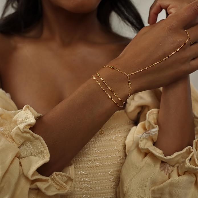 CHESKY 14K Gold Plated Hand Chain Bracelets for Women Set - Dainty Finger Ring Bracelet Stack Adjustable Hand Chains Durable Beaded Bracelets Trendy Simple Body Jewelry Gift for Women