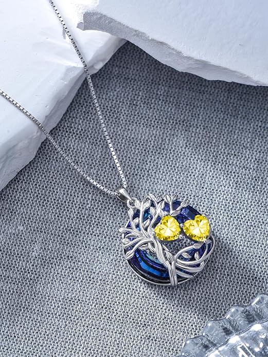 TOUPOP s925 Sterling Silver Family Celtic Tree of Life Pendant Necklaces with 2 Heart Birthstone with Blue Austrian Crystal Jewelry Birthday Valentines Day Gifts for Her, Anniversary Christmas Gifts for Wife Girlfriend Mom (18K Real White Gold Filled)