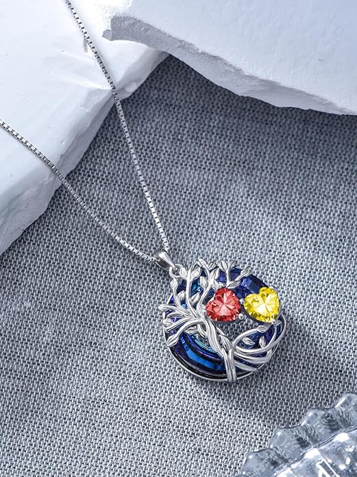 TOUPOP s925 Sterling Silver Family Celtic Tree of Life Pendant Necklaces with 2 Heart Birthstone with Blue Austrian Crystal Jewelry Birthday Valentines Day Gifts for Her, Anniversary Christmas Gifts for Wife Girlfriend Mom (18K Real White Gold Filled)