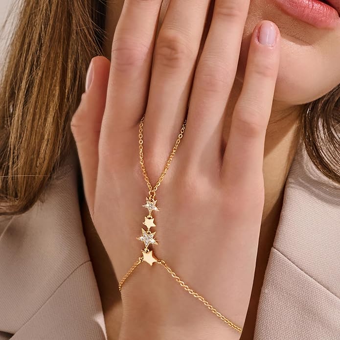YOIHUR Champagne Gold Plated Hand Chains for Women, Adjustable Hand Chain Bracelet and Ring, Gold Hand Chain Bracelets Stack Jewellery Stars and Cubic Zirconia Hand Jewelry for Valentine's Day