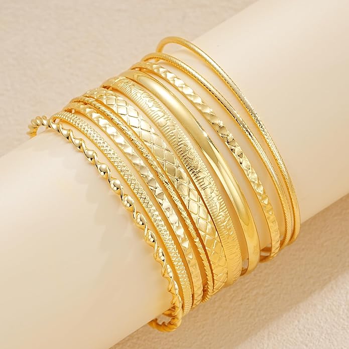 ÌF ME Gold Bangle Bracelets for Women, Indian Bangles Stackable Set, Multi Layer Textured 14K Gold Plated Chunky Bracelets Boho Jewelrys Set