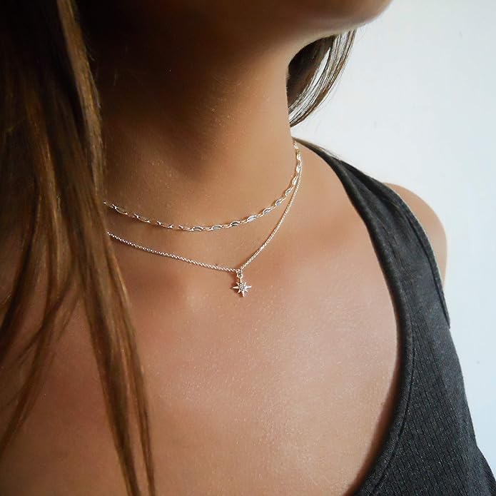 Annika Bella Sterling Silver Star Necklace for Women, Length 15-17 Inches, Tiny Cubic Zirconia North-Star Charm Pendant Necklace, Waterproof, Celestial Jewelry Gift for Her