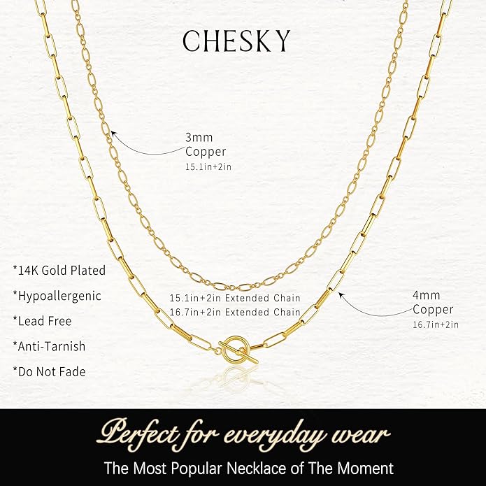 CHESKY Layered Necklaces for Women, 14K Gold Plated Chain Necklace Women Trendy Cuban Link Paperclip Chain Toggle Clasp Necklace Fashion Chunky Jewelry for Women