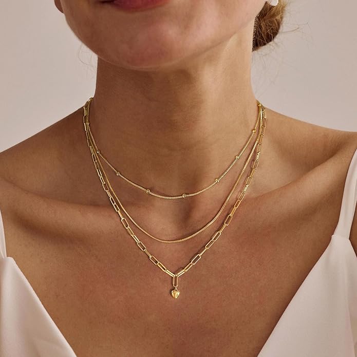 Layered Necklaces for Women,Dainty 14k Gold Plated CZ Layered Choker Necklace for Women Trendy Non Tarnish Hypoallergenic Beaded Paperclip Chain Necklace Stack Women's Minimalist Gold Jewelry Gifts