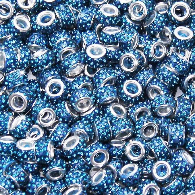 200Pcs Blue Large Hole Rhinestone Beads, Round, Loose Beads, Craft Bead, DIY Bracelet Necklace Jewelry Making Supplies