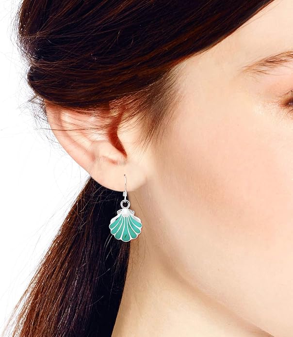 AeraVida Ocean Inspired Beach Style Seashell Shaped .925 Sterling Silver with Simulated Green Turquoise Inlays Boho Chic Fishhook Dangle Earrings