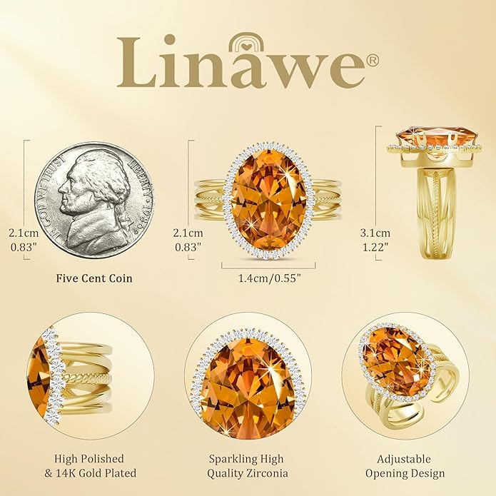Linawe Birthstone Chunky Adjustable Rings for Women, Gold/Silver/Rose Gold Statement Rings, Imitation Diamond Fake Gemstone Crystal Cocktail Ring, Cubic Zirconia Costume Jewelry