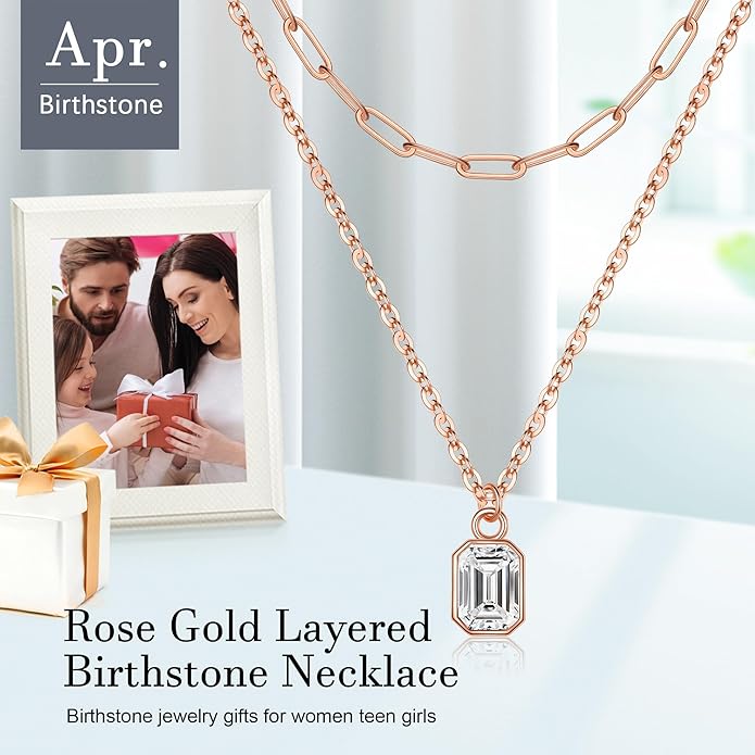 Layered Birthstone Necklace for Women Girls, 14K Gold-Plated Paperclip Chain Choker Necklace with Rectangle Birthstone Pendant Birthday Gifts for Women Girls Dainty Small