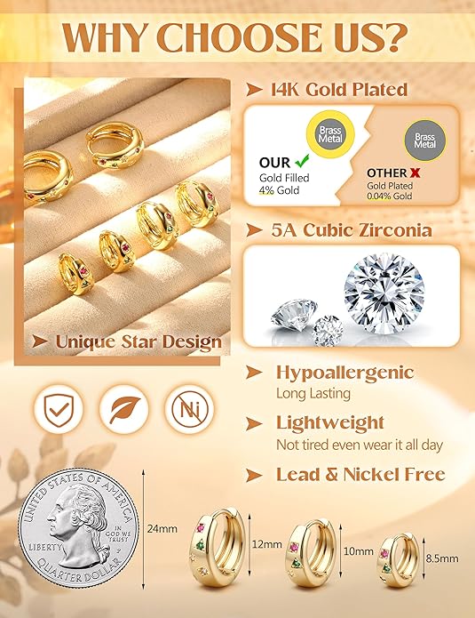 14K Gold Plated Hoop Earrings Set for Women - 3Pairs Chunky 14K Gold Plated Silver Huggie Earrings Small Earrings Lightweight Hypoallergenic MultiColored CZ Hoop Earrings Stacks for Multiple Piercing
