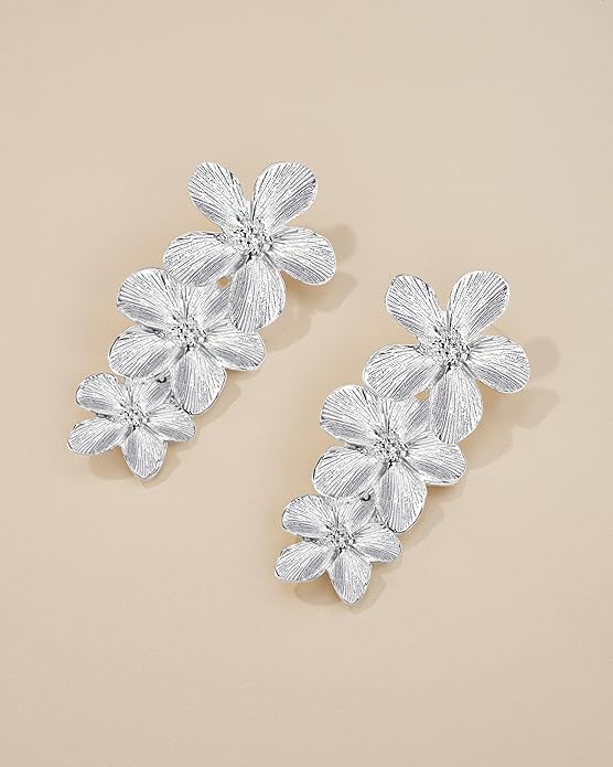 18K Gold Plated Large Chunky Flower Statement Earrings for Women by SNGIA, Summer Beach Floral Handmade Drop Jewelry, Maximalist Wedding Date Birthday Gift, Bold Exaggerated Textured Dangle Trendy Ribbed Jewelry, 18K Gold Plated Chandelier Fashion Acce...