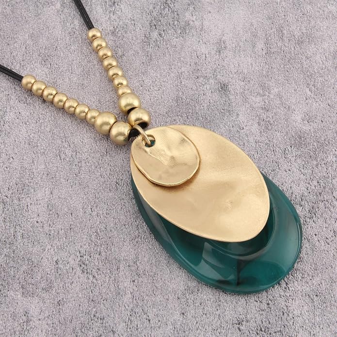 GelConnie Leather Necklace for Women Large Pendant Long Brown Necklace Circle Leather Choker Vintage Sweater Necklace Gold Chunky Boho Necklaces for Women