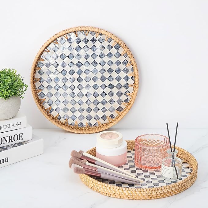 Round Rattan Tray with Mother of Pearl Inlay, Rattan Serving Tray with Wooden - Image 3