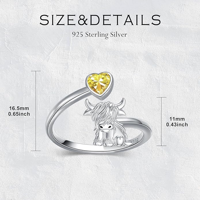 Highland Cow Ring 925 Sterling Silver Adjustable Ring Birthstone Ring Engraved Name Highland Cow Gifts Jewelry for Women