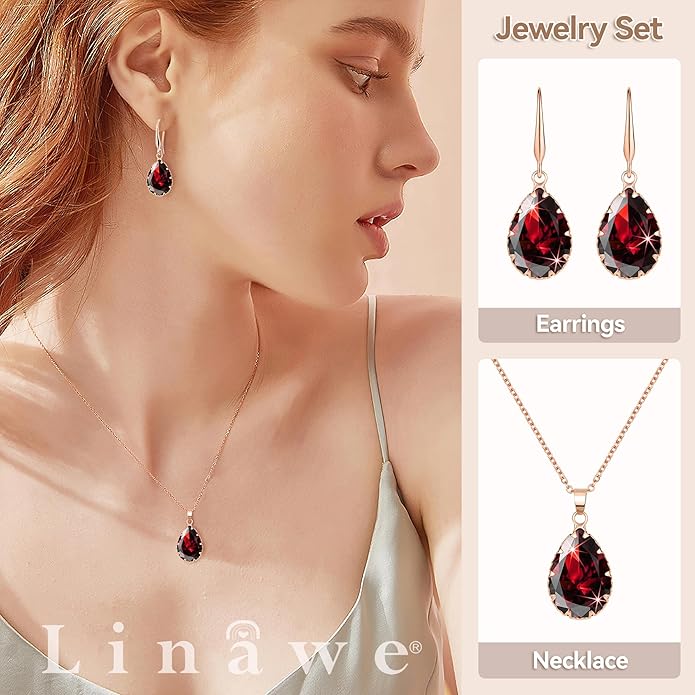 Linawe Crystal Jewelry Sets for Women, Imitation Diamond Pendant Necklace, Rhinestone Drop Dangle Earrings, Birthstone Cubic Zirconia Matching Wedding Jewelry, 14K Gold/Rose Gold/Silver Tones