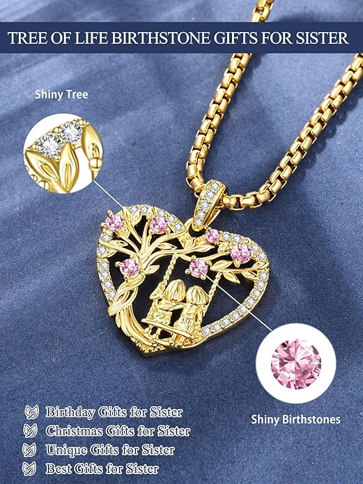 14K Gold Tree of Life Necklace for Sister Christmas Gifts from Sister,Heart Jewelry with Birthstone Pendant for Women Female Friendship Forever My Friend