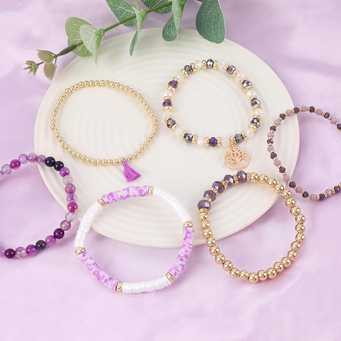 Bohemian Colorful Beaded Bracelets for Women Boho Stackable Natural Stone Letter Clay Glass Beads Stretch Bracelet Set with Charm, Cute Rainbow Friendship Bracelets for Summer Vacation
