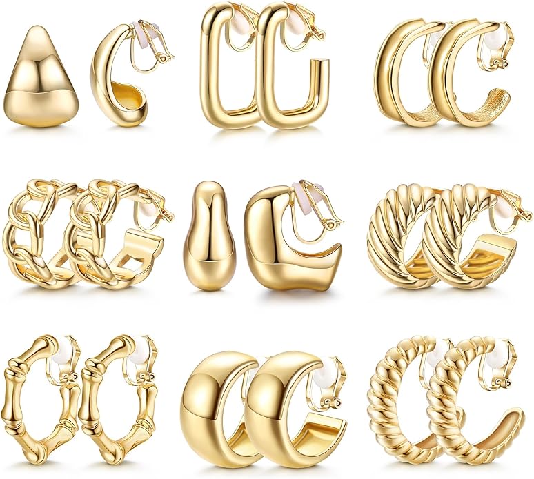 THUNARAZ 9 Pairs Clip on Earrings for Women 14K Gold Plated Chunky Hoop Clips Earring Trendy Clip on Hoop Earrings for Women Non-Pierced Fake Jewelry