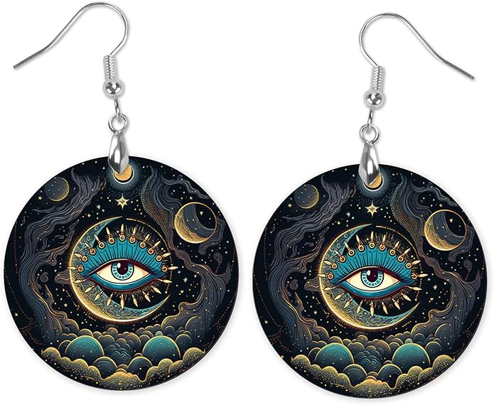 Round Wood Earrings Light Weight Printed Image Dangle Jewelry